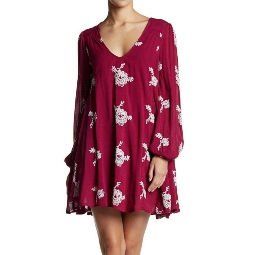 Free People Emma Embroidered Mini Dress Cutout Back Magenta XS